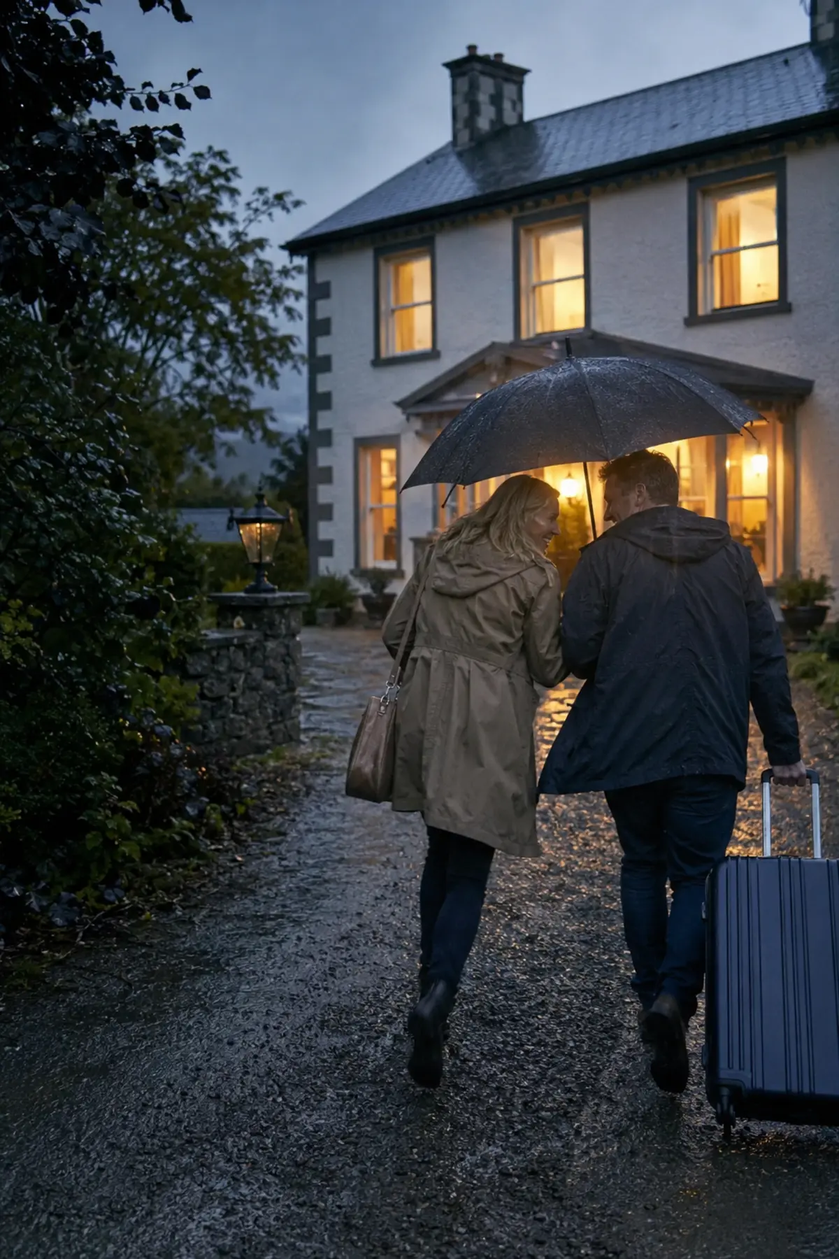 Guests arriving to a lit B&B porch under an umbrella