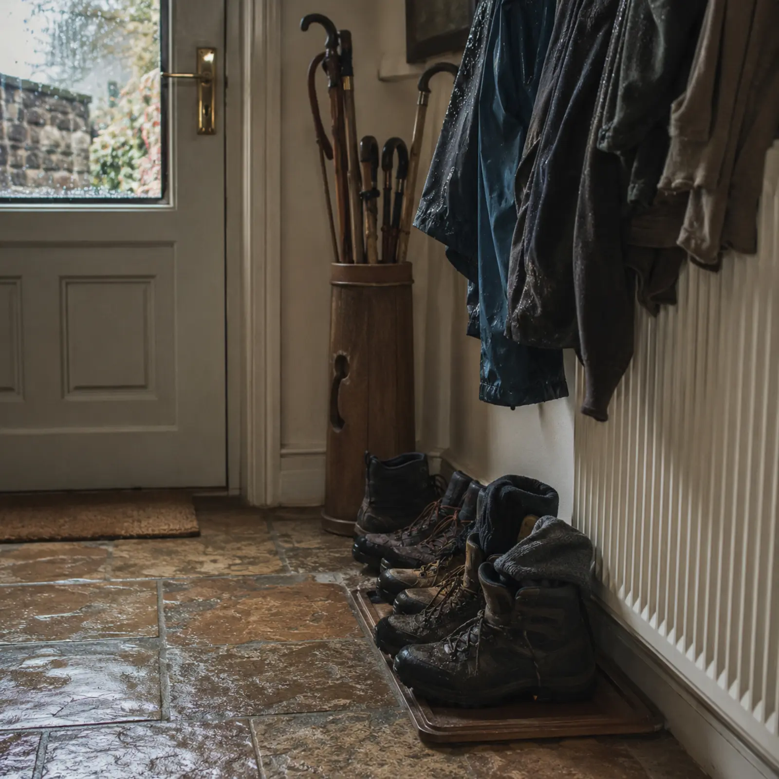 Walking boots drying by the door of a B&B