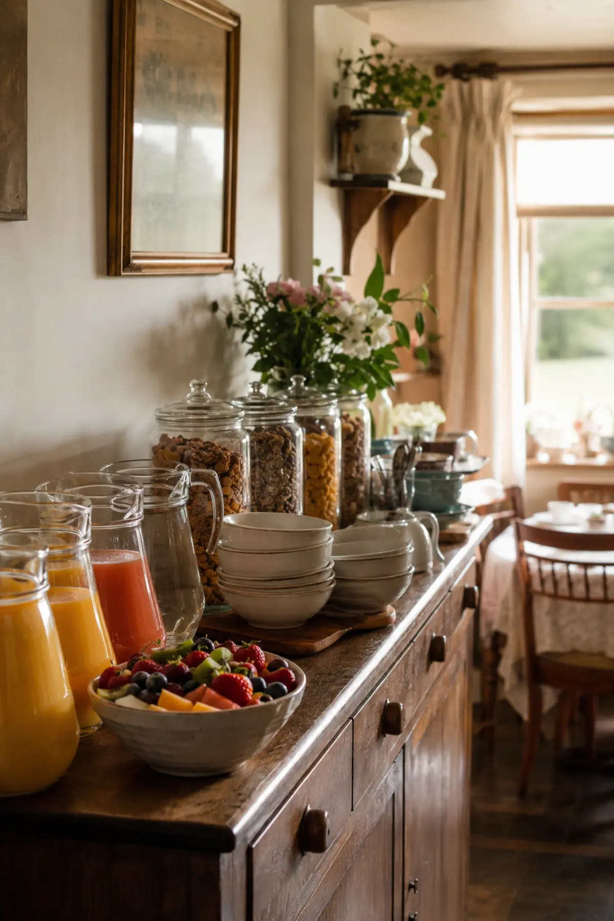 Breakfast sideboard at an Irish B&B with juice and fruit