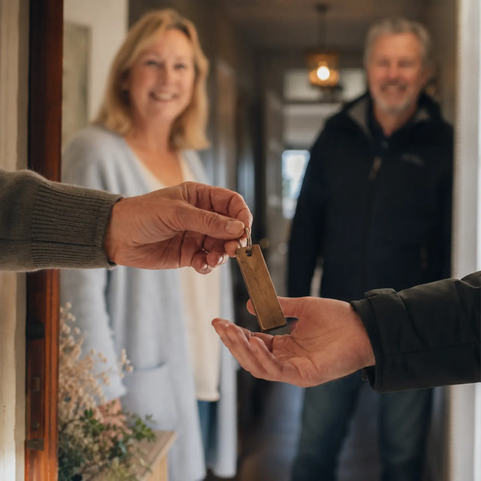 B&B owner handing the room key directly to a guest