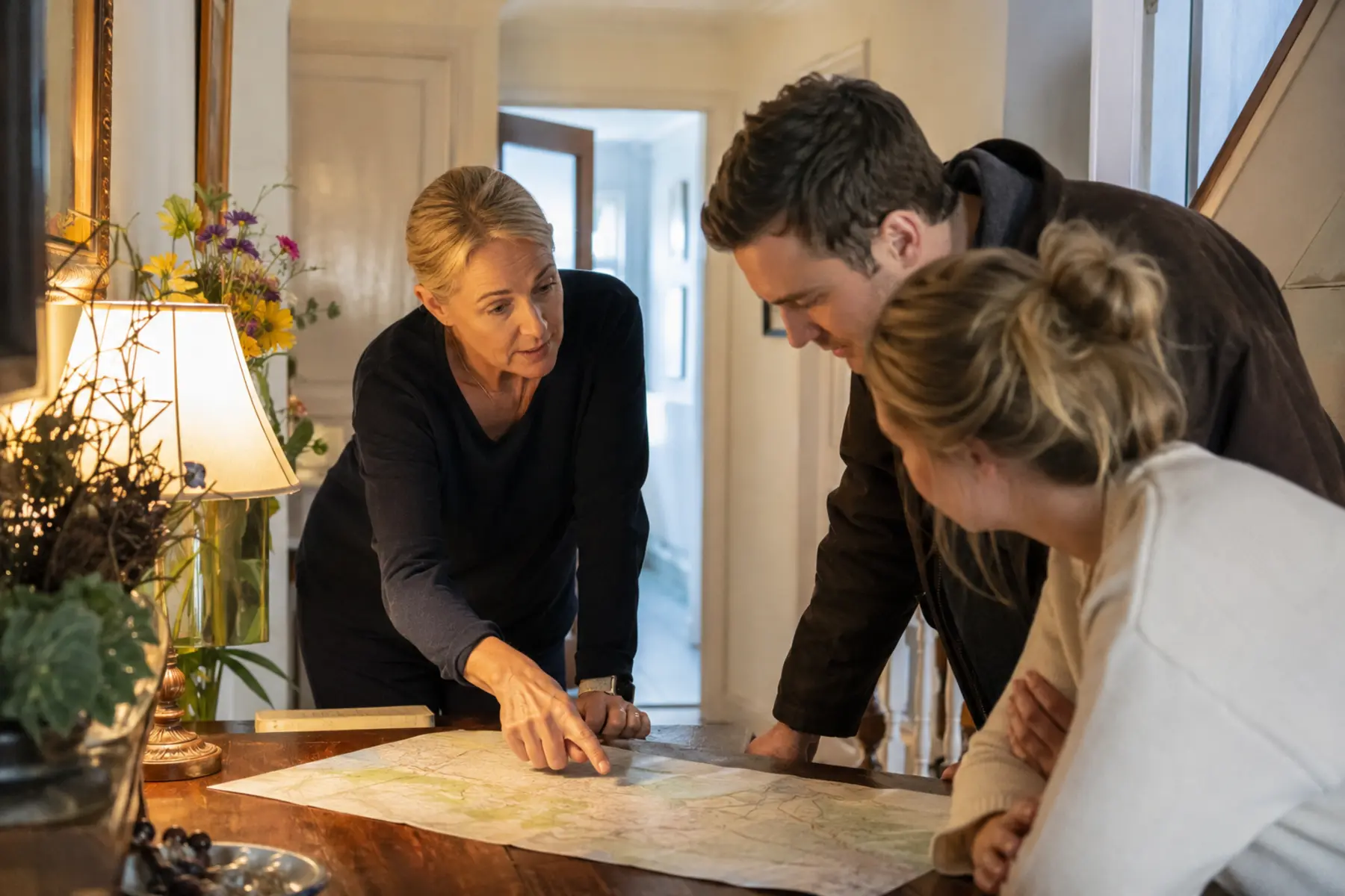 B&B owner sharing local tips over a map with guests