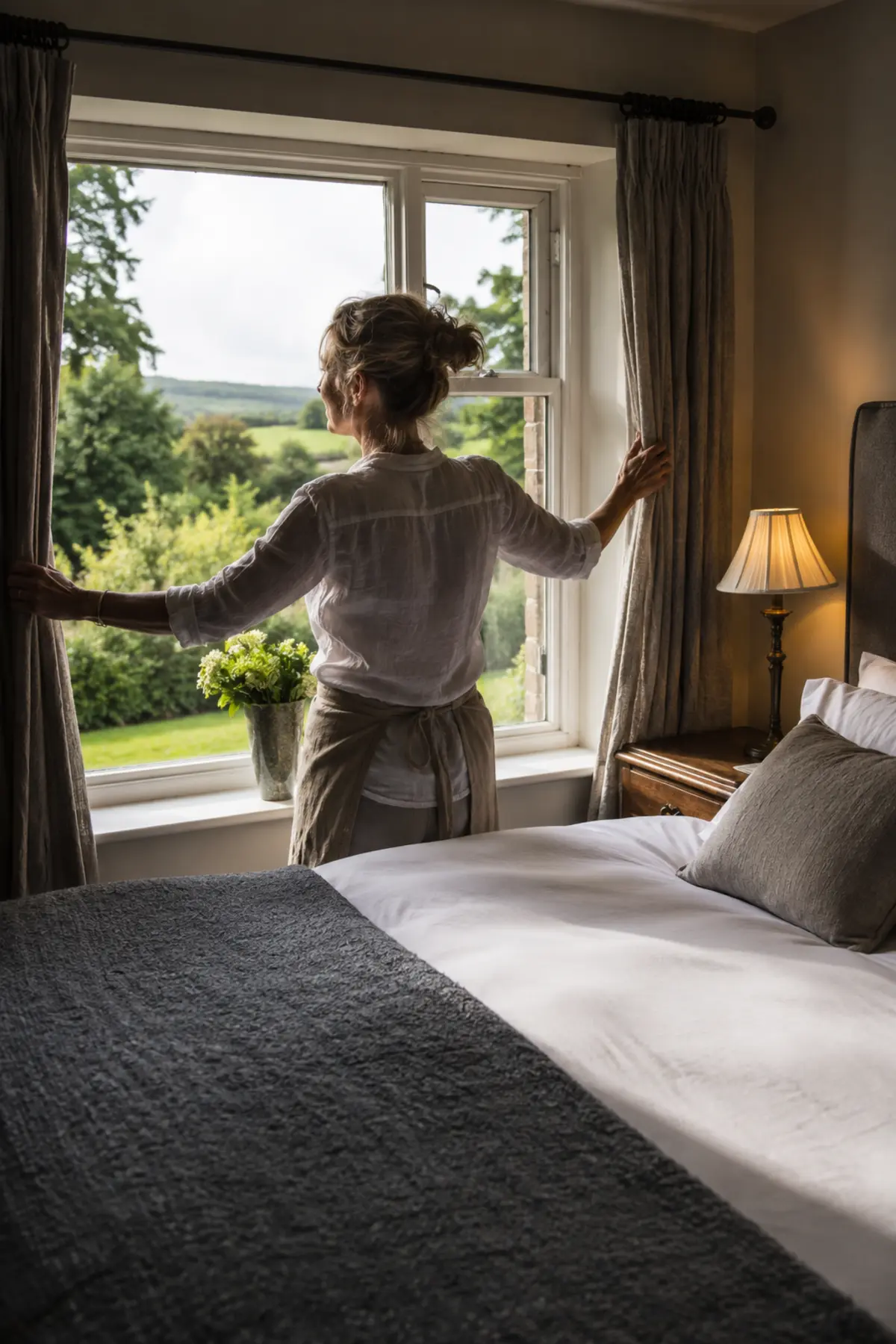 Curtains opened onto a green view in a B&B guest room