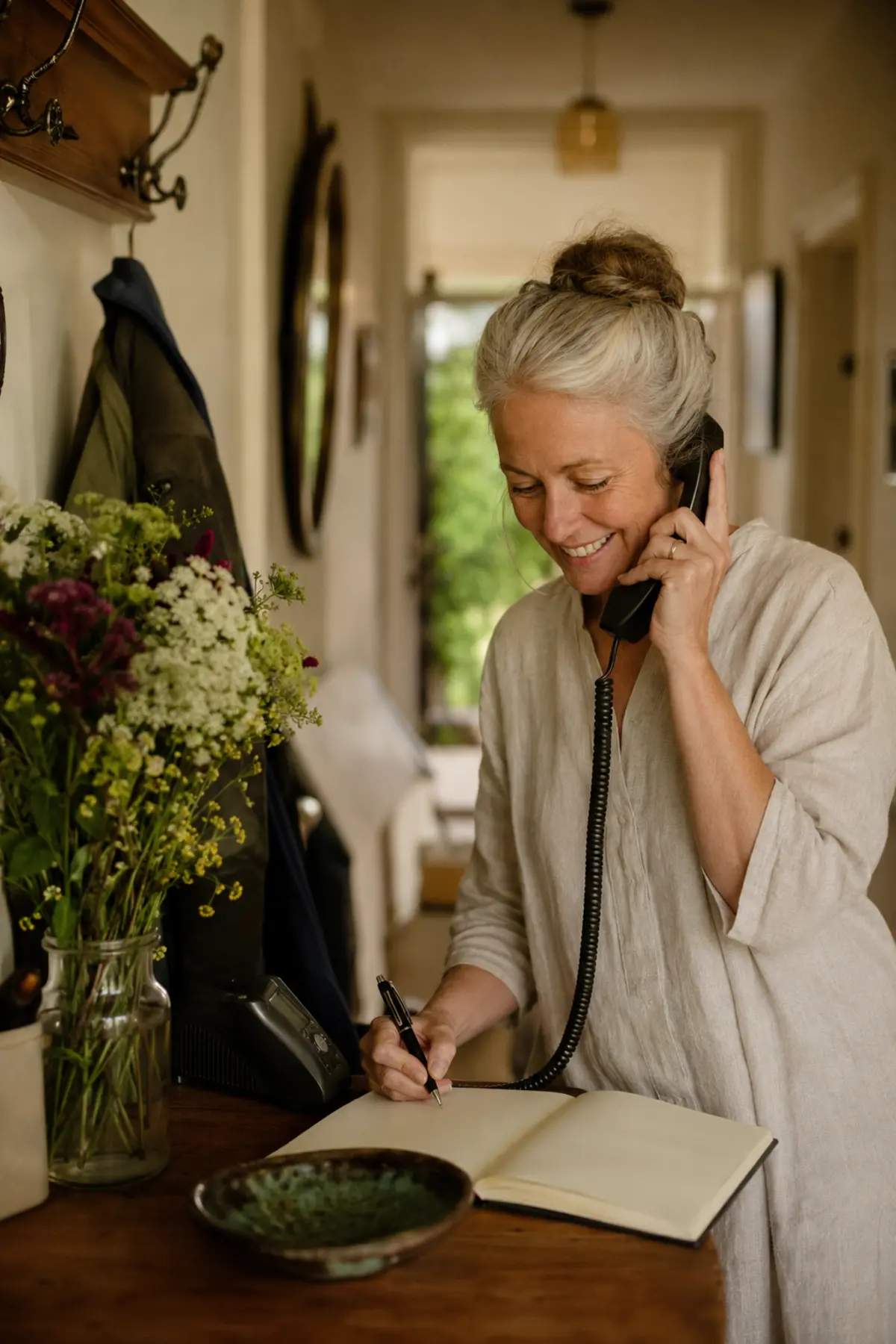 B&B owner taking a direct booking on the hall phone