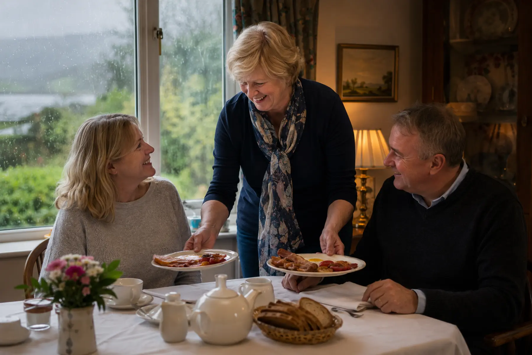 B&B owner serving breakfast to smiling guests