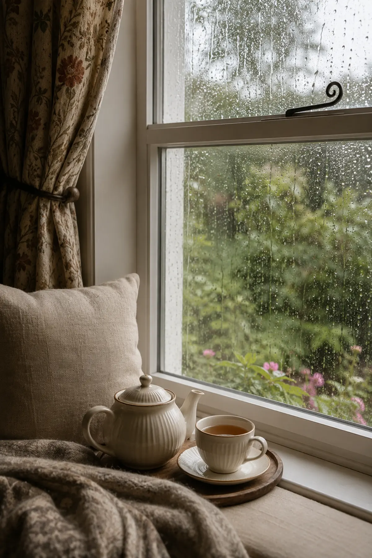 Pot of tea on a window seat with rain outside