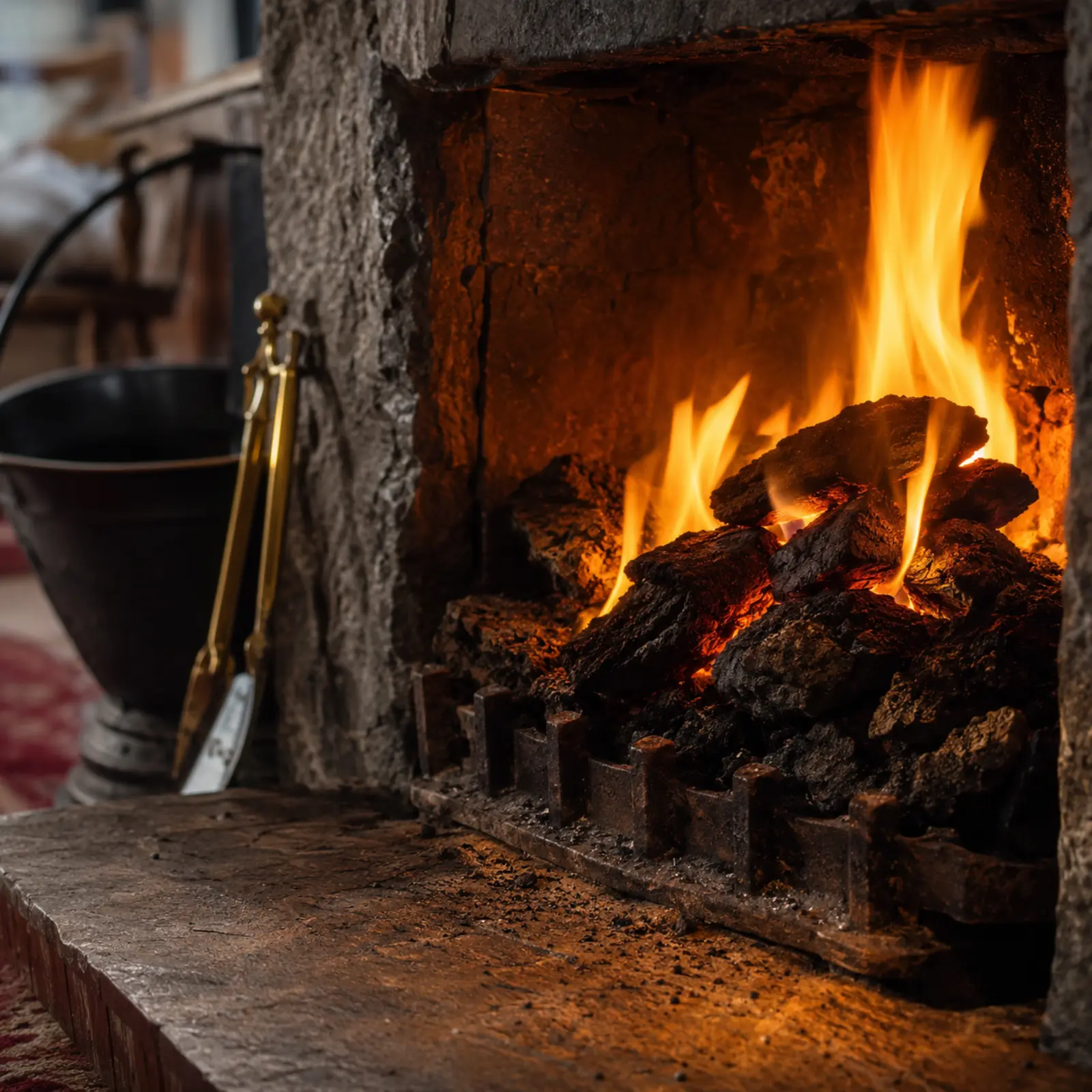 Lit turf fire waiting at the B&B after a mountain day