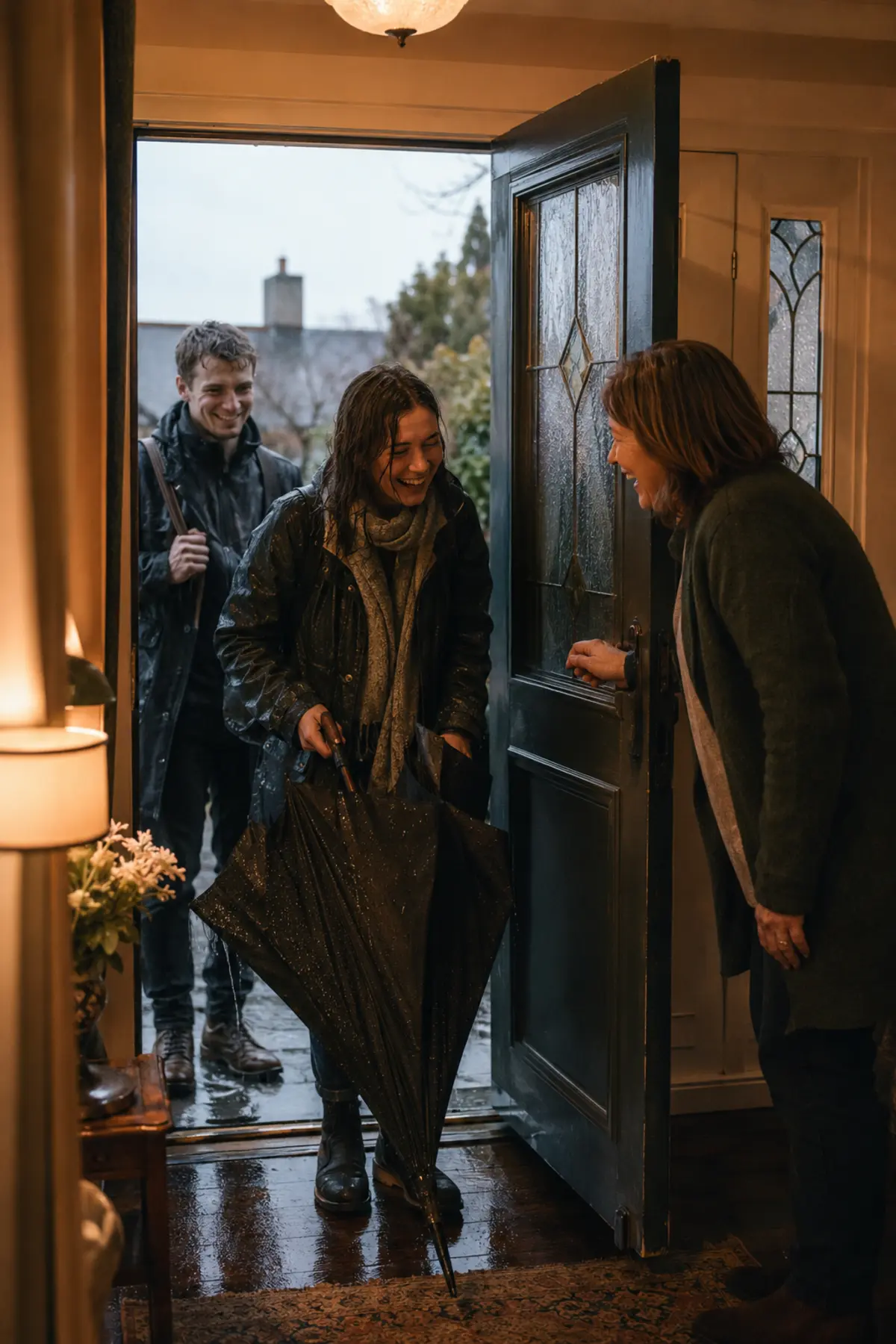 Owner welcoming guests at the front door of an Irish B&B
